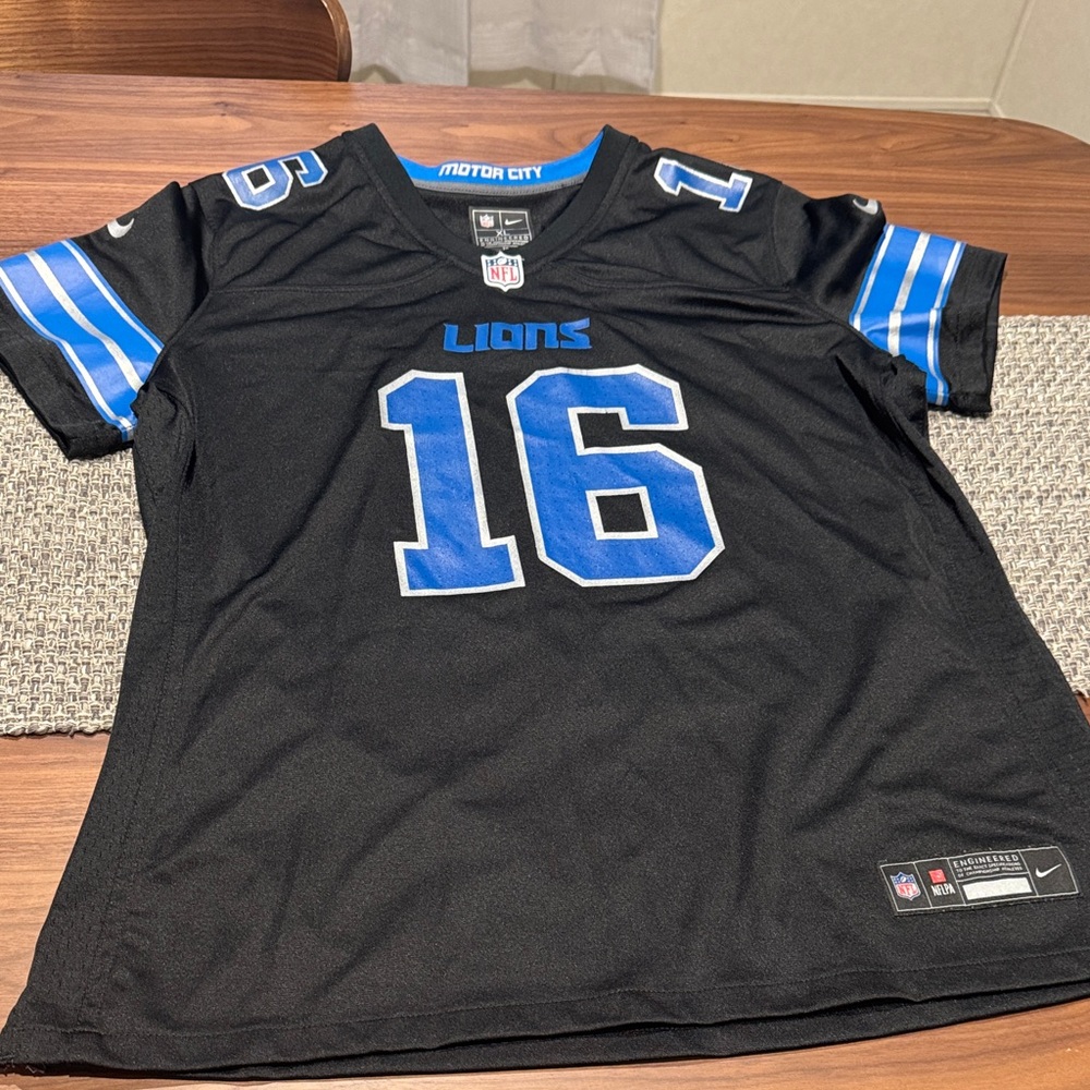 NFL Detroit Lions Black and Royal Blue #16 Women’s Jersey
